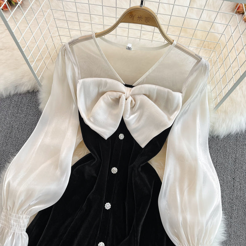 Cute V-Neck Bow Long Sleeve Dress Black Fashion Dress  10883