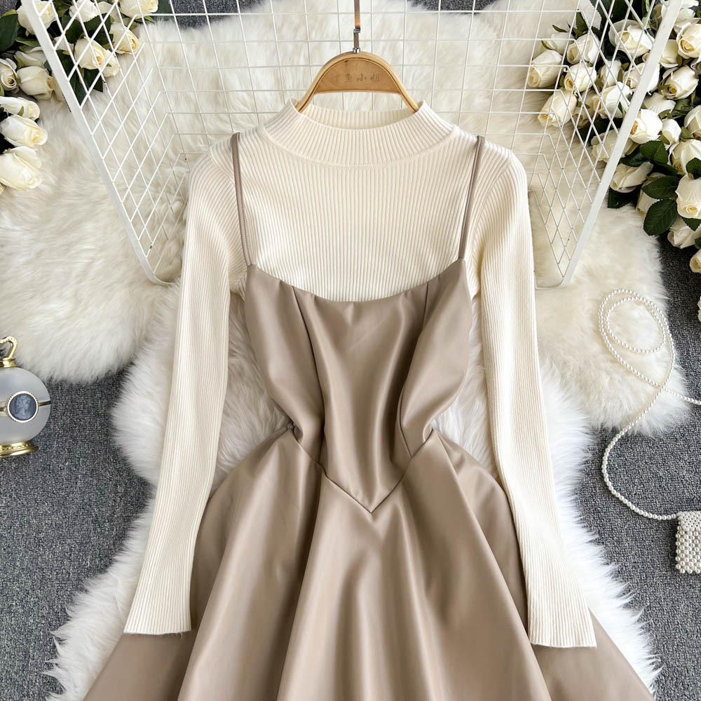 Fashionable Knitted Base Sweater + A Line PU Leather Dress Fashion Dress  10885