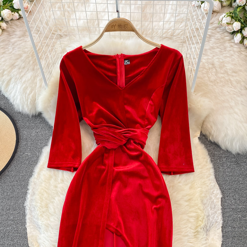 Stylish V Neck Velvet Long Dress Fahsion Dress  10938