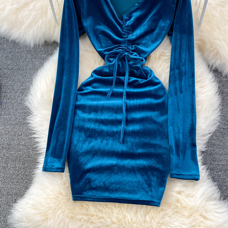 Sexy V Neck Velvet Long Sleeve Dress Fashion Dress  10864
