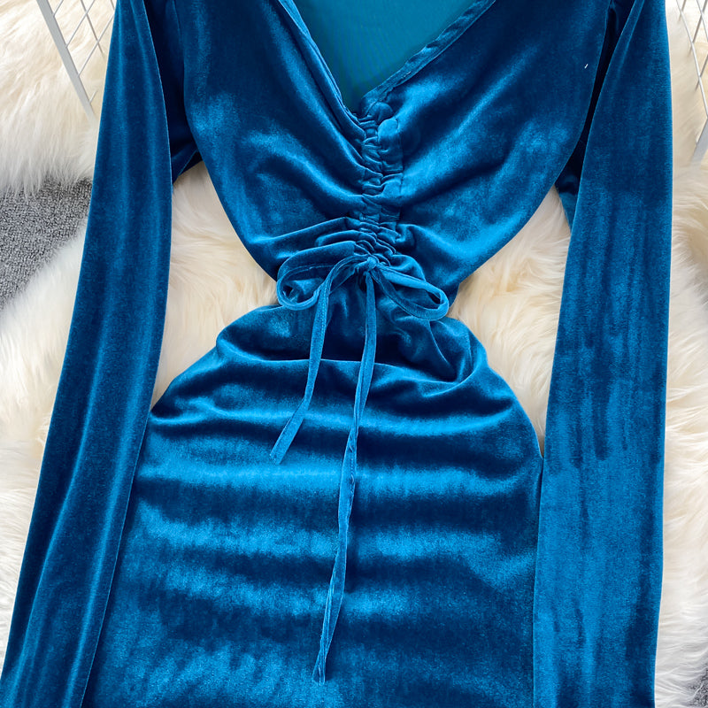 Sexy V Neck Velvet Long Sleeve Dress Fashion Dress  10864