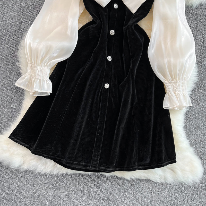 Cute V-Neck Bow Long Sleeve Dress Black Fashion Dress  10883