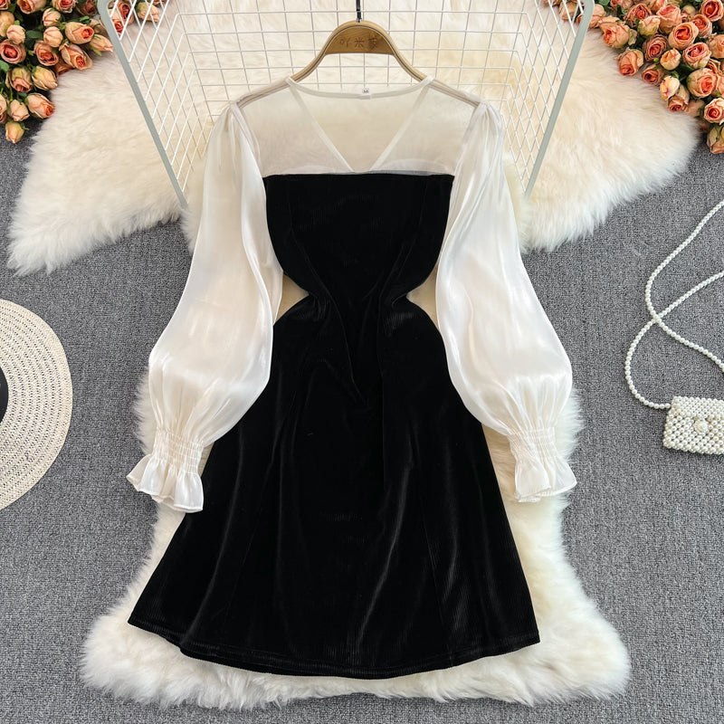 Cute V-Neck Bow Long Sleeve Dress Black Fashion Dress  10883