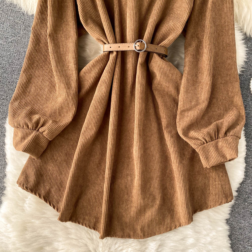 Simple Corduroy Long Sleeve Dress Fashion Dress  10887