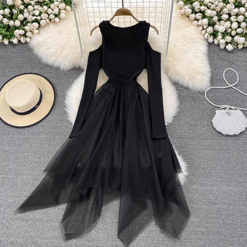 Black Irregular Long Sleeve Off Shoulder Dress Fashion Dress  10872
