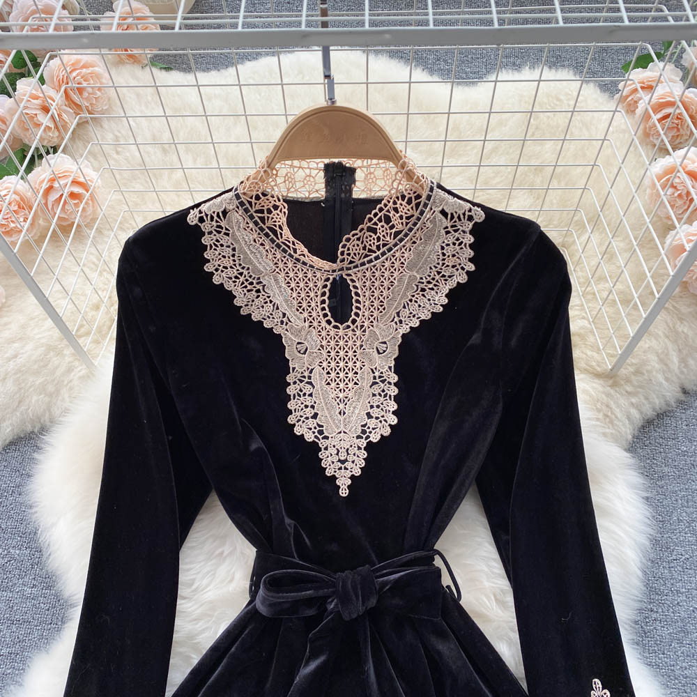 Black Velvet Lace Long Sleeve Dress Fashion Dress  10846