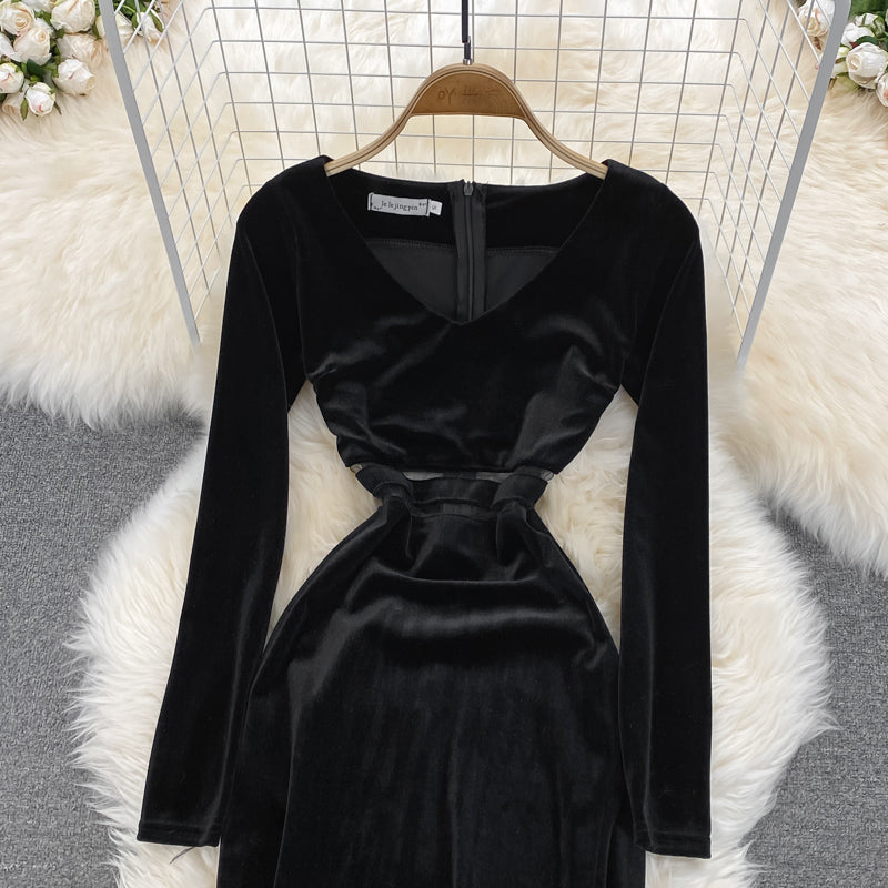 Black V Neck Long Sleeve Dress Fashion Dress  10844