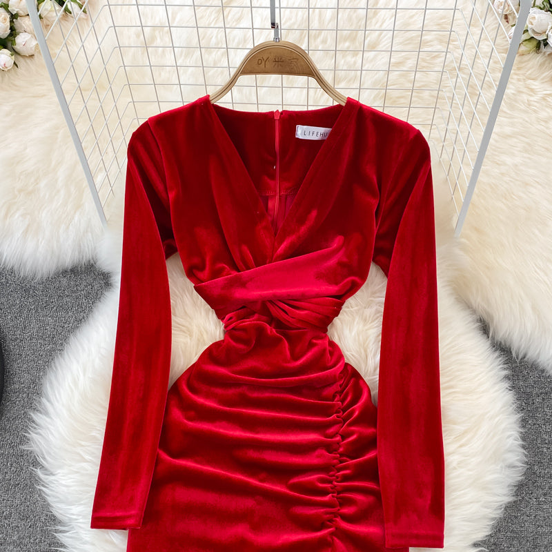 Simple V Neck Velvet Long Sleeve Dress Fashion Dress  10827