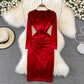 Simple V Neck Velvet Long Sleeve Dress Fashion Dress  10827