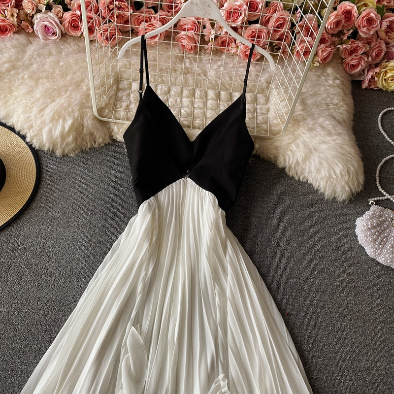 Cute V Neck A Line Dress Black And White Fashion Dress  10810