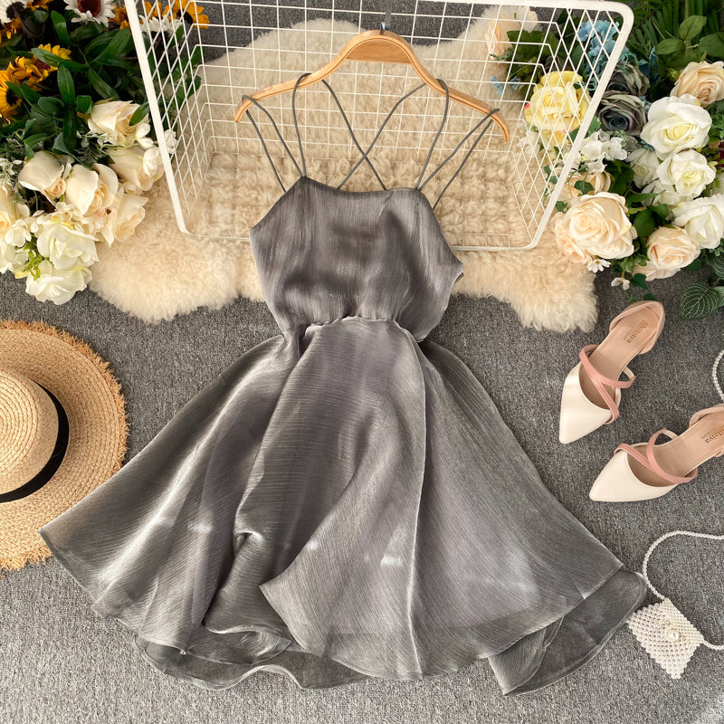 Gray Tulle Short Dress A Line Backless Dress  10817