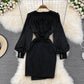 Black V Neck Long Sleeve Dress Fashion Dress  10843