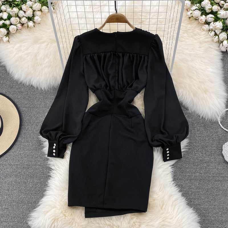 Black V Neck Long Sleeve Dress Fashion Dress  10843