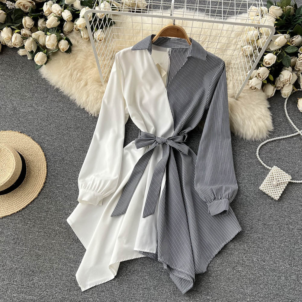 Fashionable Striped Long-Sleeved Irregular Dress  10752