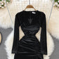 Simple V Neck Velvet Long Sleeve Dress Fashion Dress  10827