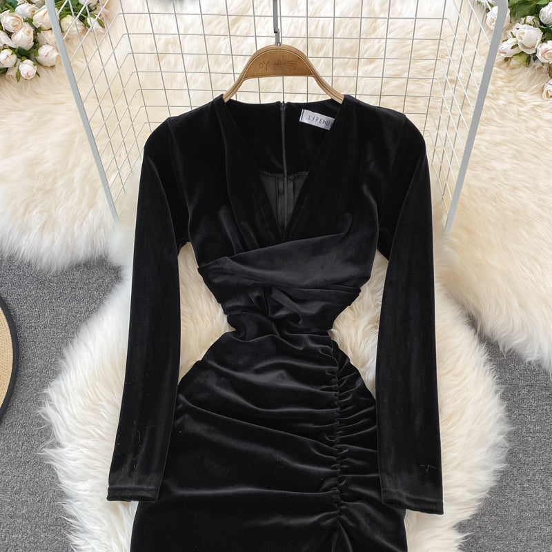 Simple V Neck Velvet Long Sleeve Dress Fashion Dress  10827