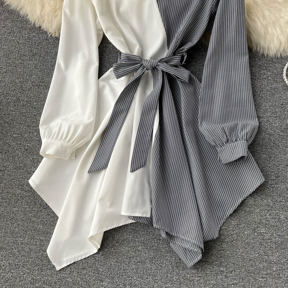 Fashionable Striped Long-Sleeved Irregular Dress  10752
