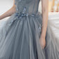Gray tulle applique long prom dress A line evening gown  10485