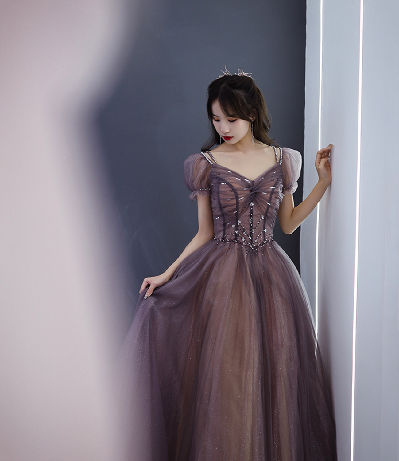 Cute tulle beads long prom dress A line evening dress  10498