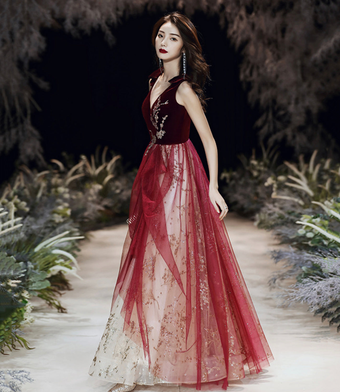 Burgundy velvet long prom dress A line evening gown  10495