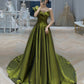 Green satin long prom dress A line evening dress  10541