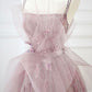 Pink tulle beads long prom dress A line evening dress  10643