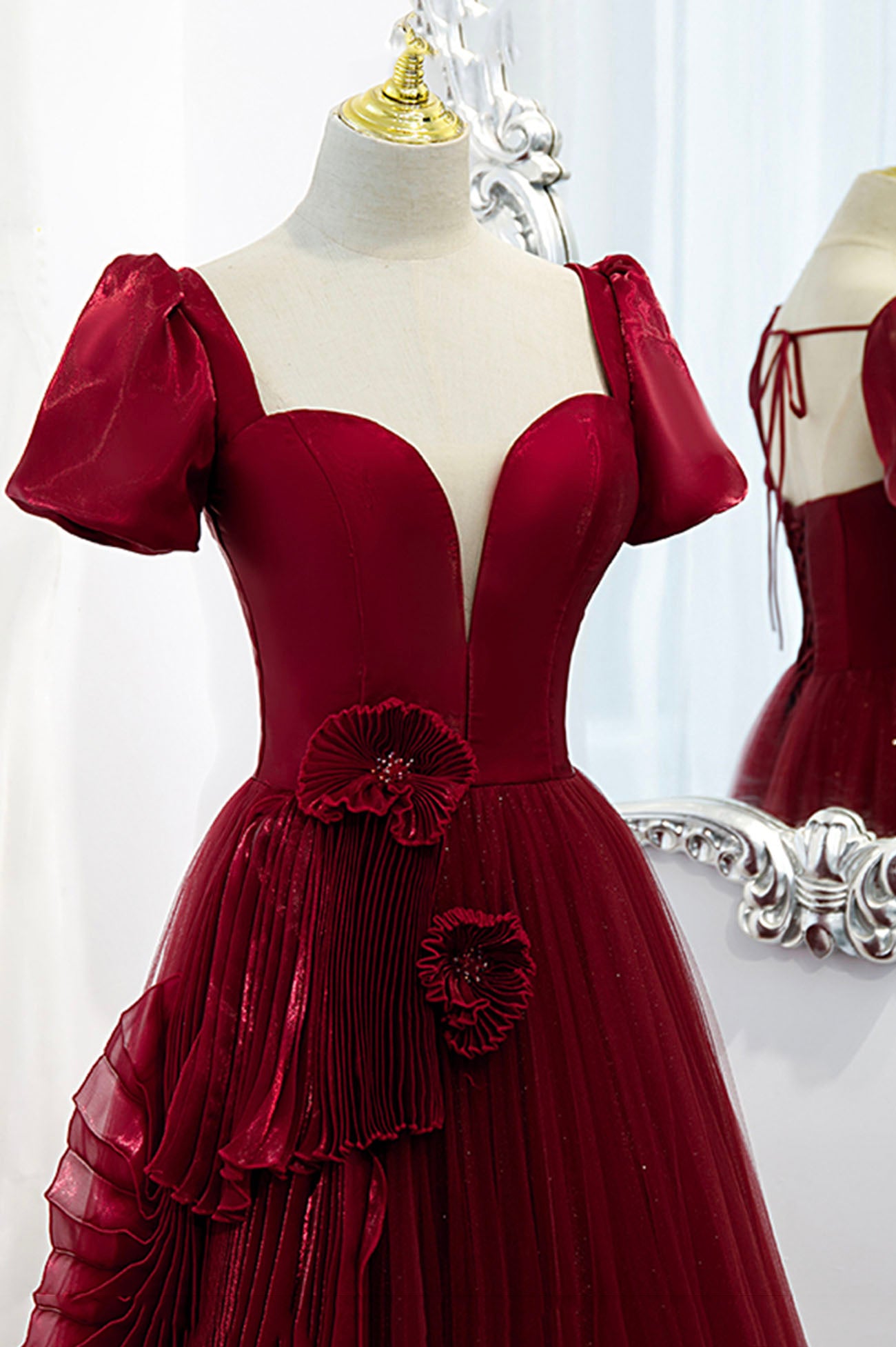 Burgundy satin tulle long prom dress evening dress  10598