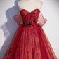 Burgundy tulle sequins long prom dress A line evening gown  10632