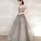 Gray tulle sequins long prom dress with star  10545