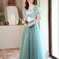 Green satin tulle long prom dress green evening dress  10618