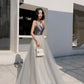 Gray tulle beads long prom dress A line evening dress  10514