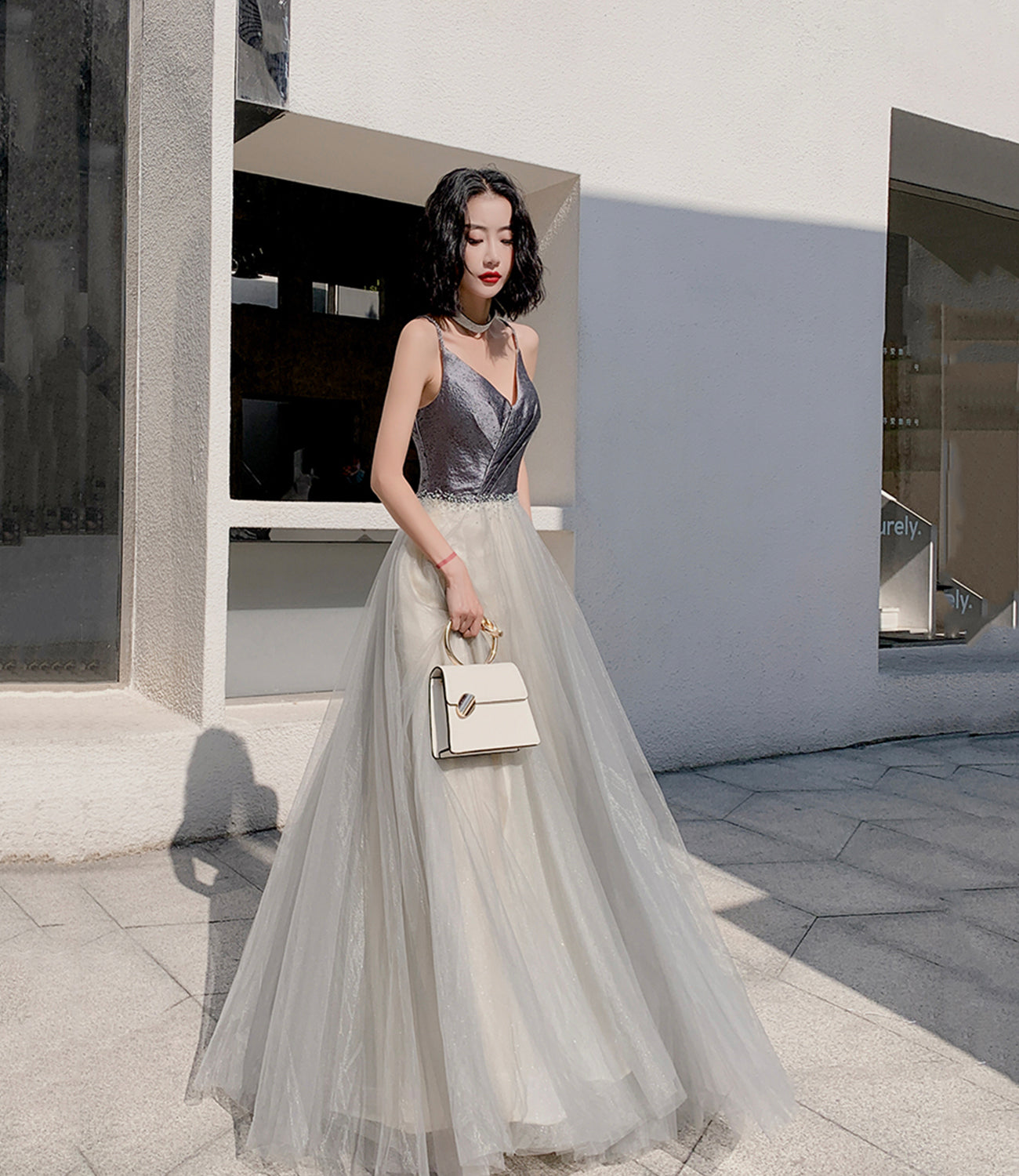 Gray tulle beads long prom dress A line evening dress  10514