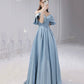 Blue satin long prom dress A line evening dress  10581