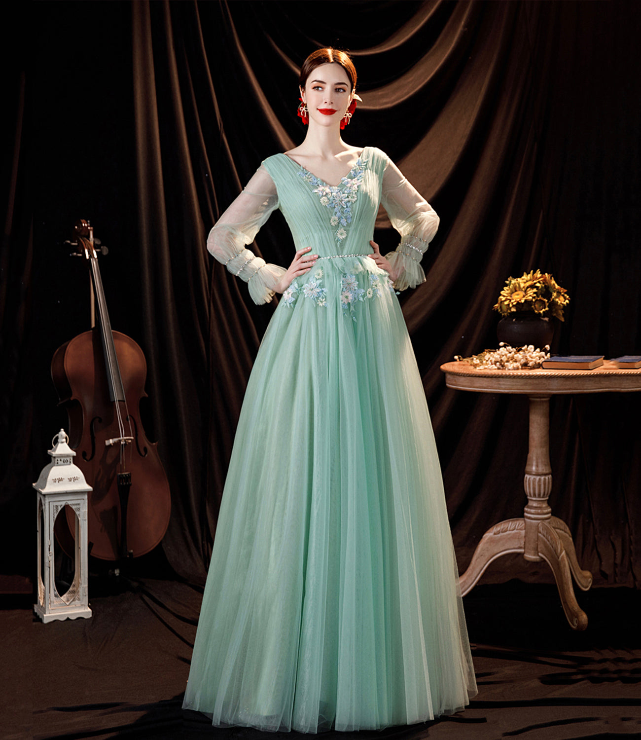 Green tulle lace long prom dress green evening dress  10535