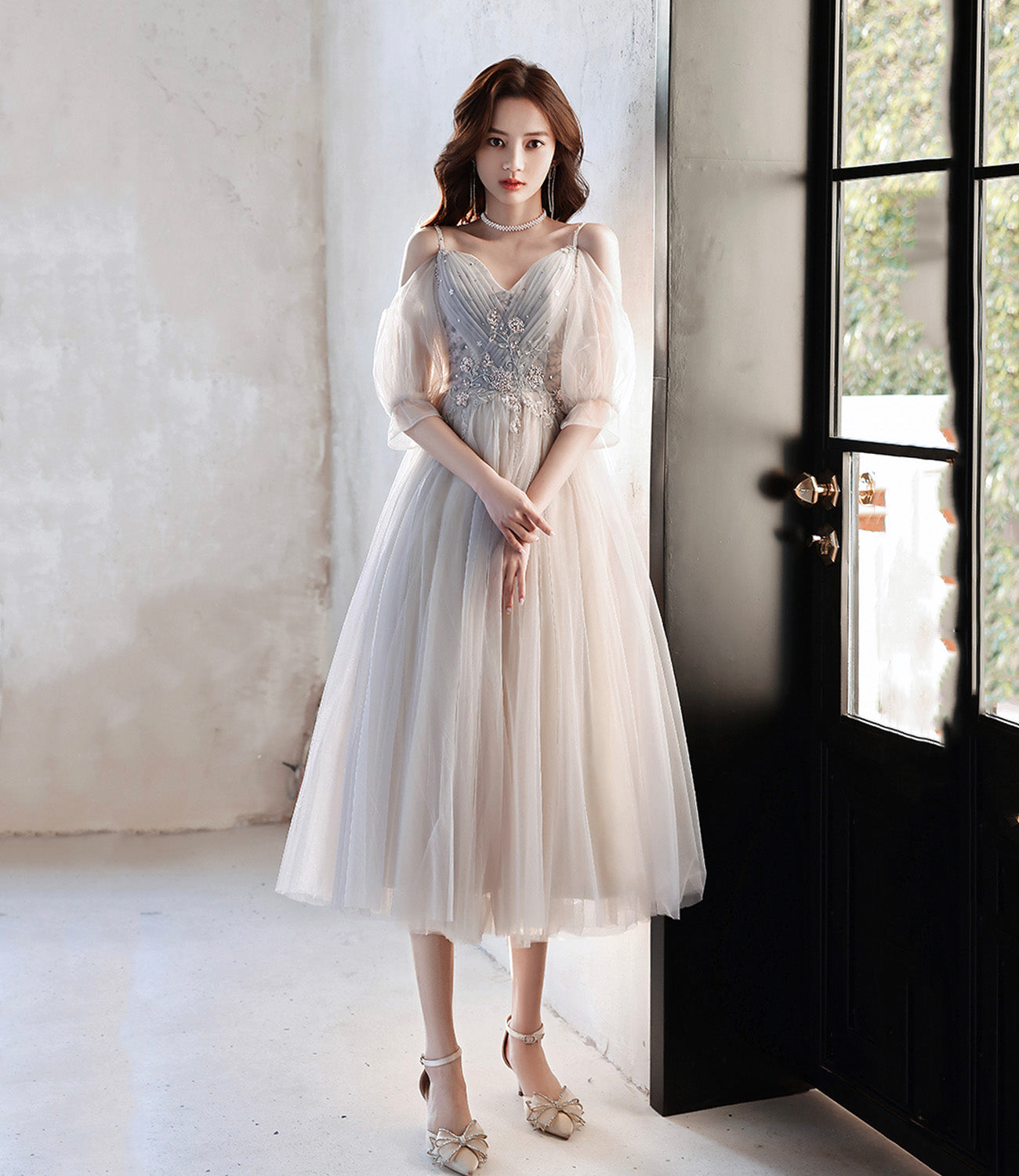 Cute tulle lace A line prom dress lace evening dress  10560