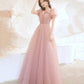 Cute tulle long prom dress pink A line evening dress  10524