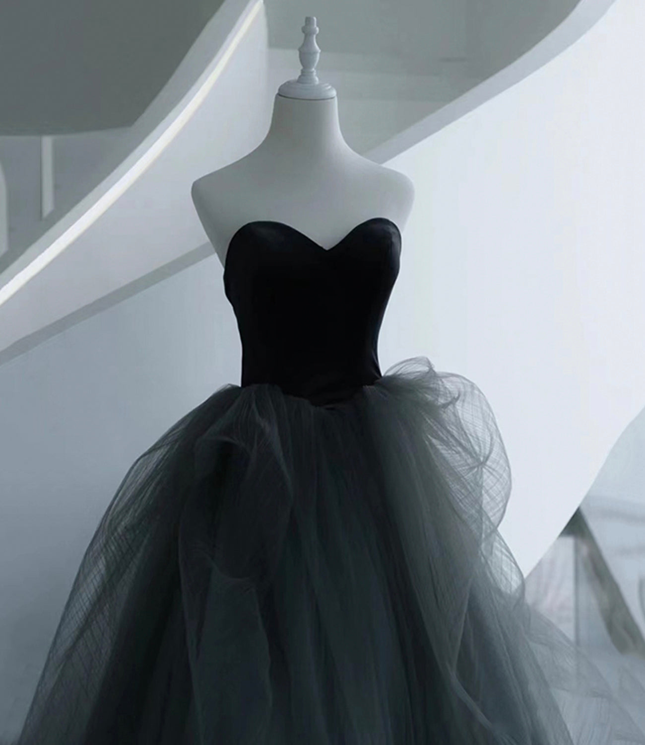 Black and gray tulle long prom dress A line evening dress  10517