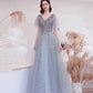 Gray tulle sequins long prom dress A line evening dress  10528