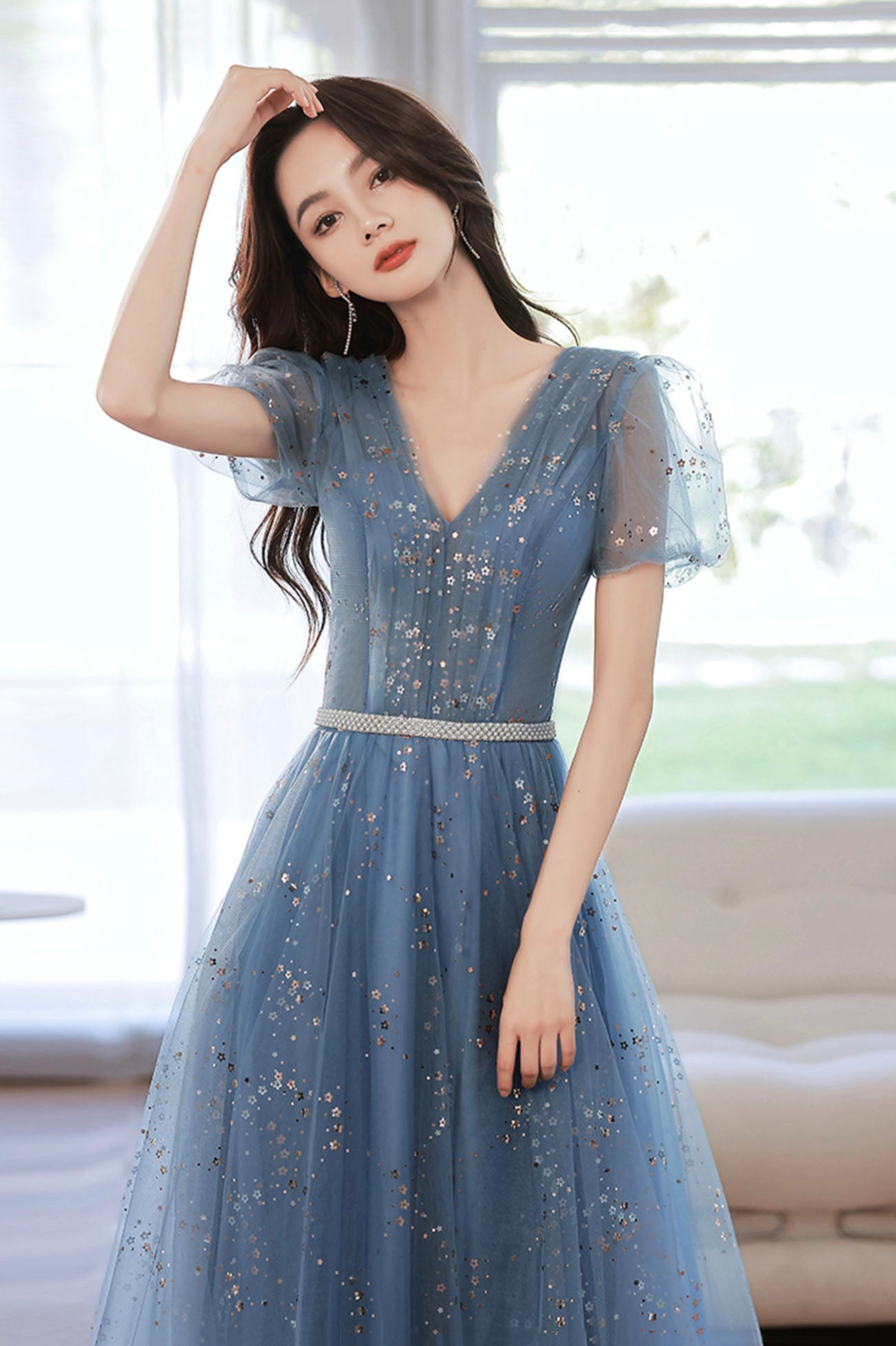 Blue tulle sequins long prom dress blue evening dress  10607