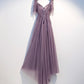 Purple tulle lace long prom dress A line evening dress  10494