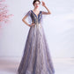 Purple tulle sequins long prom dress A line evening dress  10510