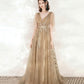 Champagne tulle sequins long prom dress A line evening dress  10548