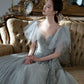 Gray tulle sequins long prom dress A line evening dress  10574