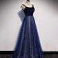 Blue velvet tulle long prom dress A line evening dress  10515