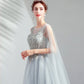 Gray tulle lace long prom dress A line evening dress  10509