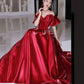 Red satin long prom dress A line evening dress  10582