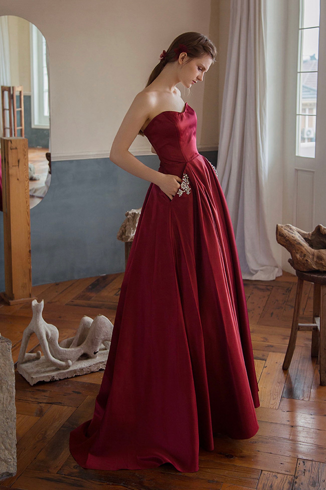Red satin long A line prom dress red evening dress  10594