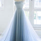 Blue tulle long A line prom dress blue evening dress  10592