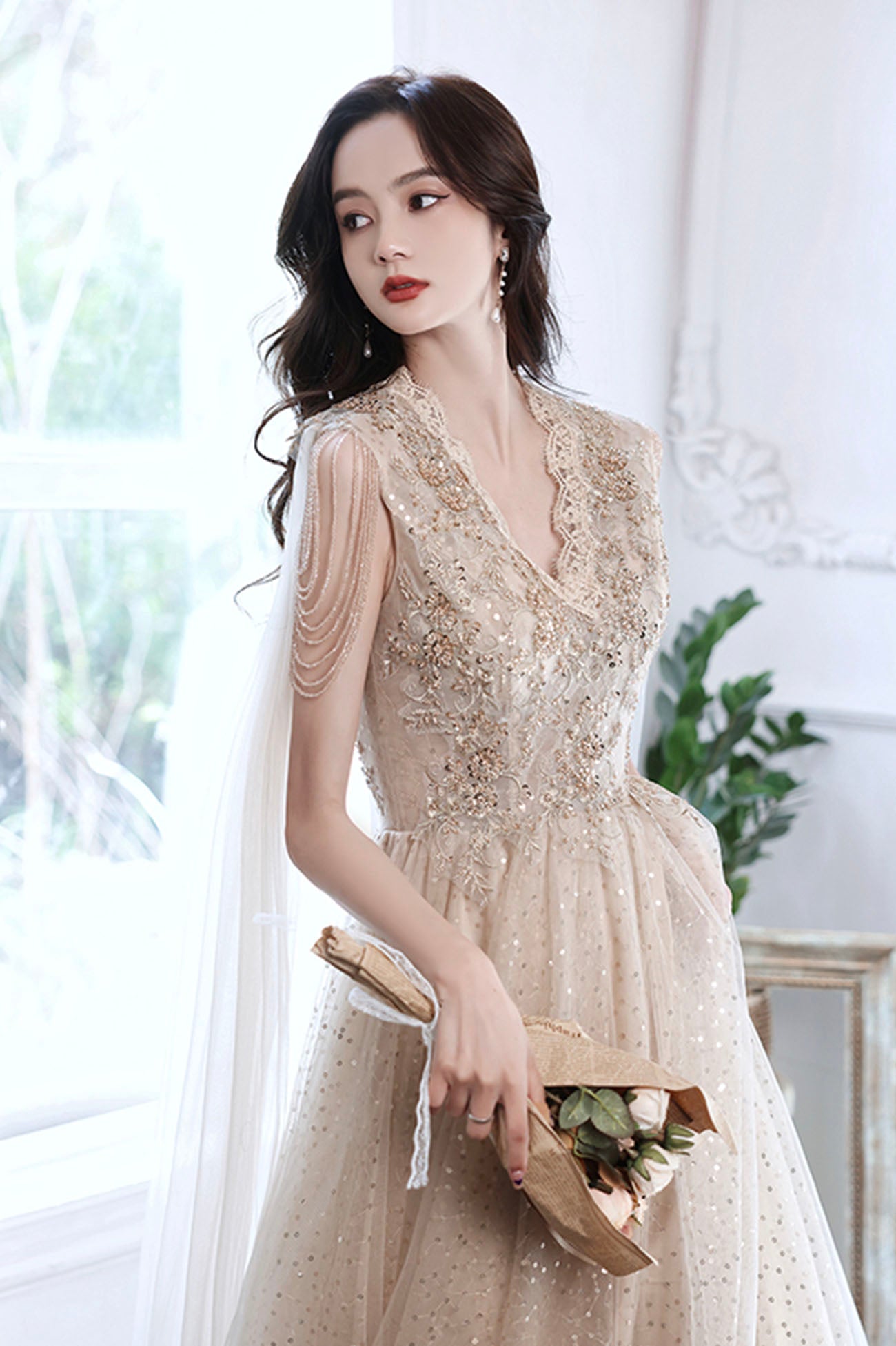 Champagne tulle sequins long prom dress evening dress  10605