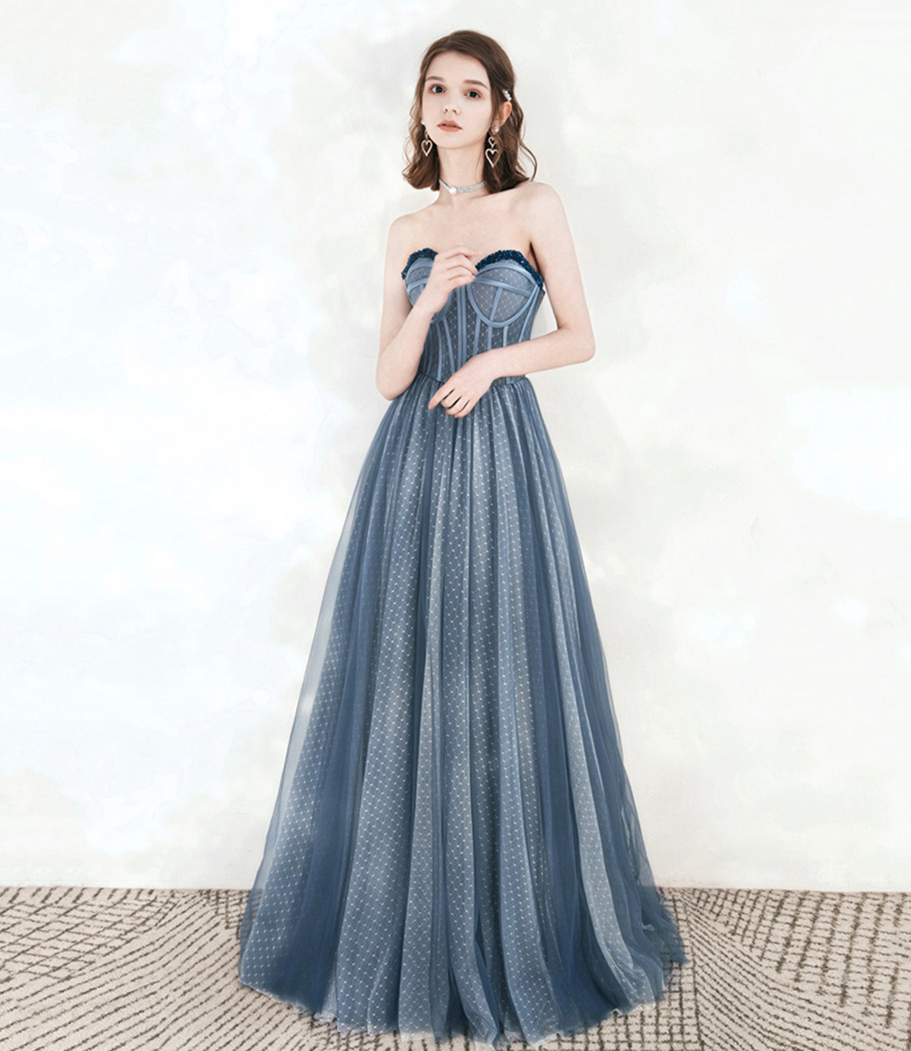 Blue tulle beads long prom dress A line evening dress  10549